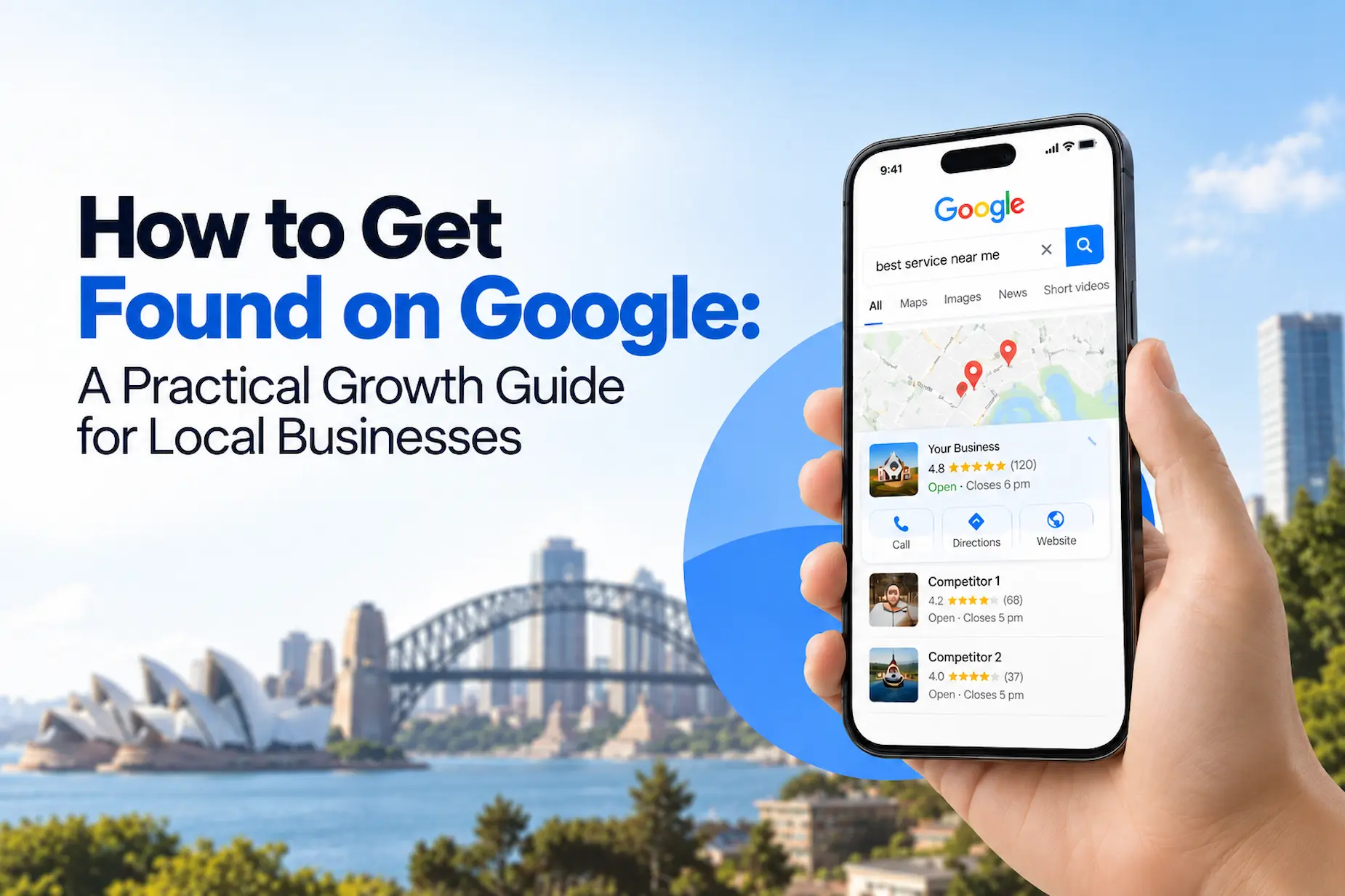 How to Get Found on Google guide featuring a smartphone displaying local search results against the Sydney skyline.