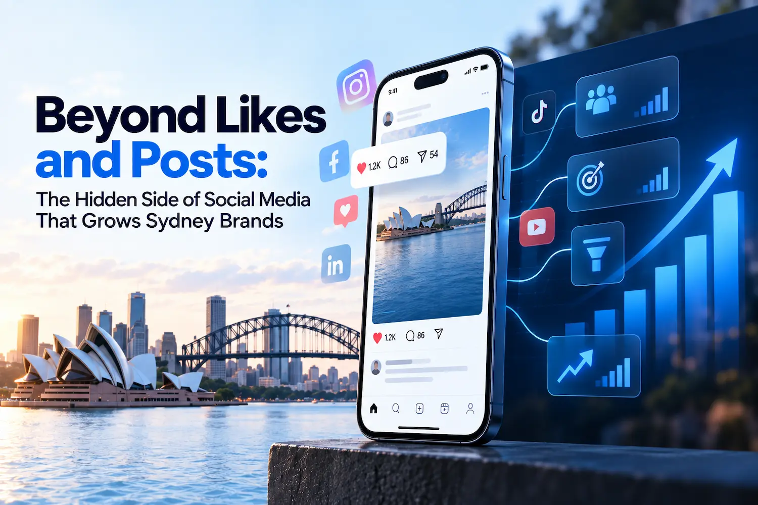 Sydney social media marketing strategy featuring a smartphone, Sydney Harbour, analytics, and growth visuals