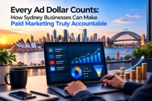 Sydney digital marketing analytics dashboard showing paid advertising performance, ROI tracking, and campaign growth against the Sydney Harbour skyline.