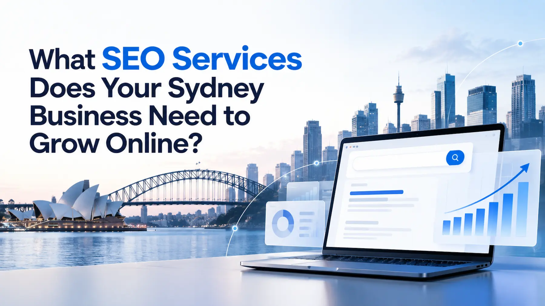 SEO services for Sydney businesses featuring Sydney skyline, laptop, search results, and growth analytics
