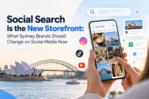 Social search and digital marketing trends for Sydney brands, featuring a smartphone displaying social media search results.